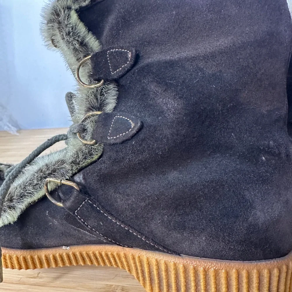 Vintage 70s JCPenneys Snow Boots Womens 7 Brown Suede Fur Trim Lace Up Ski Apres